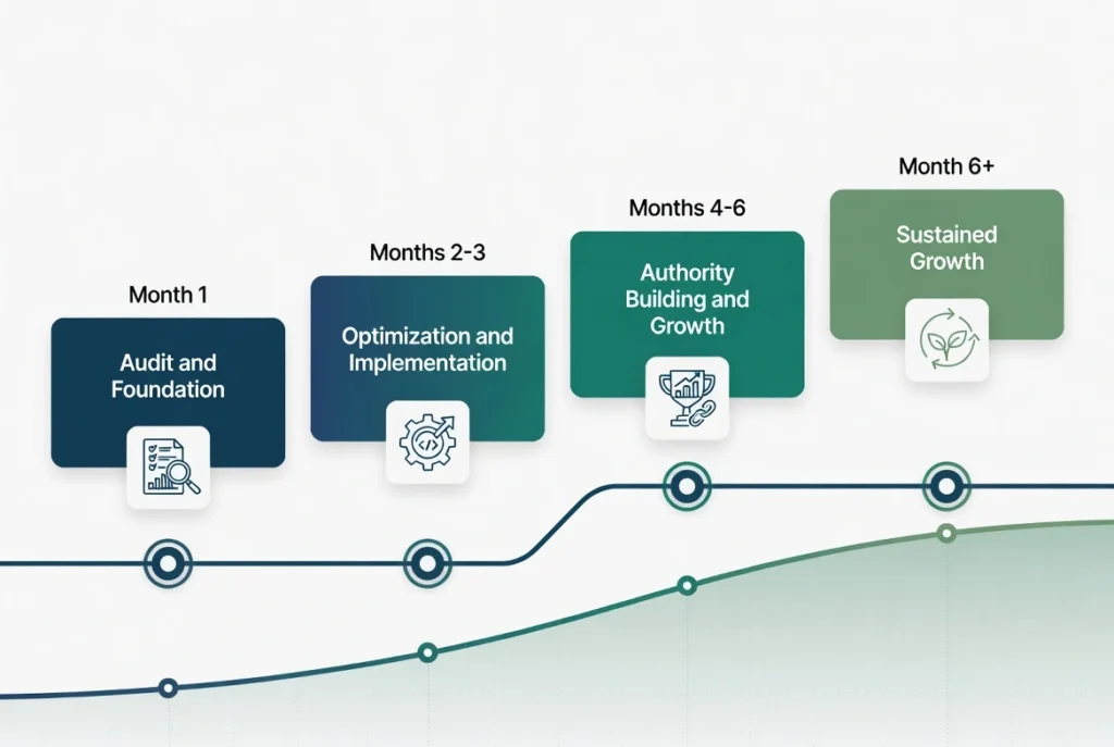 WordPress SEO services timeline showing four phases from audit and foundation through sustained organic traffic growth