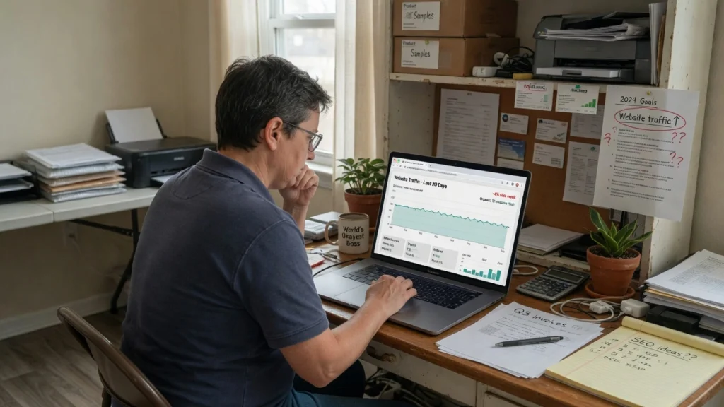 Business owner viewing flat Google Analytics traffic graph showing why professional WordPress SEO services are needed