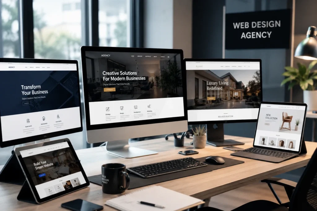 WordPress web design agency professional workspace with multiple monitors showing custom business websites