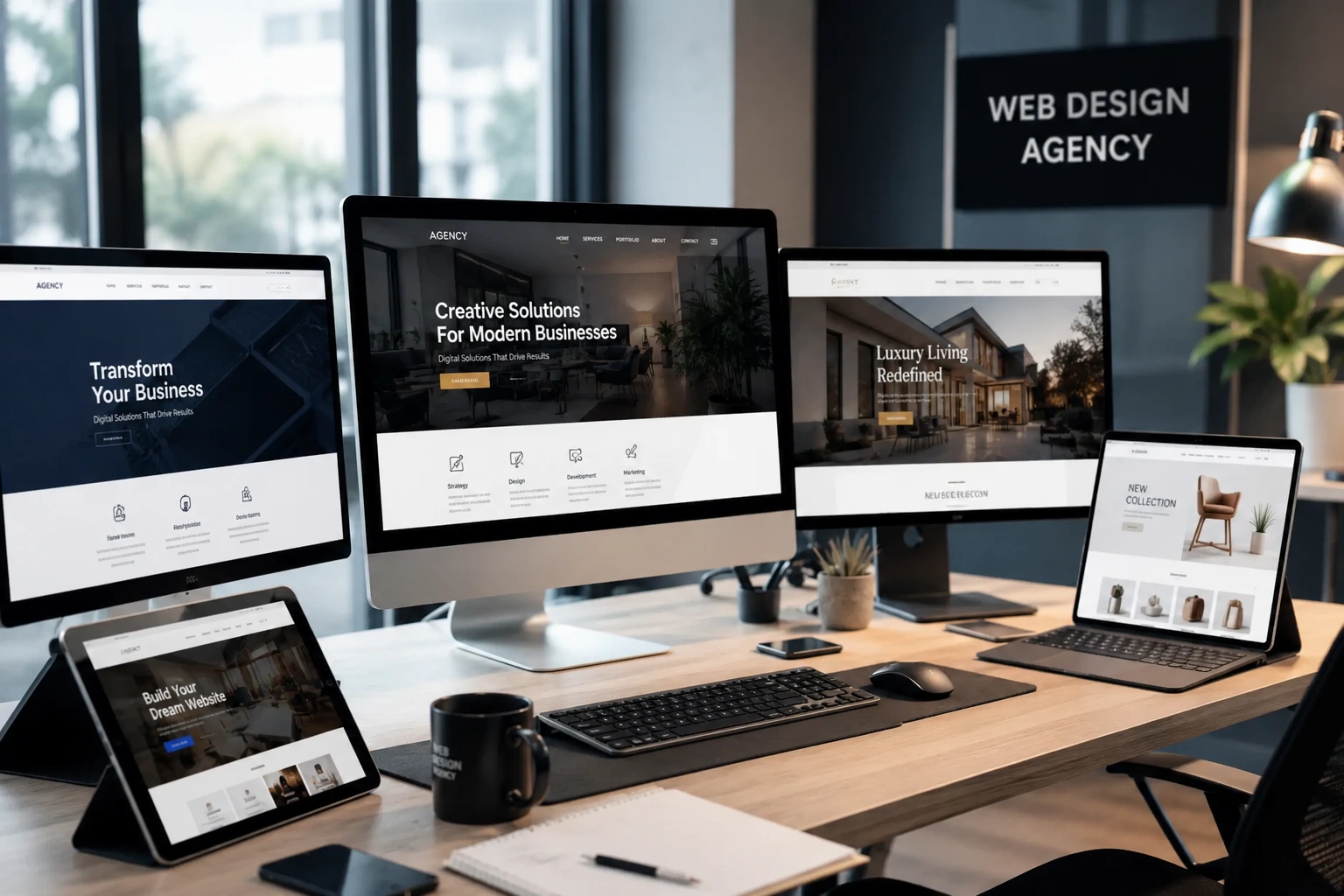 WordPress web design agency professional workspace with multiple monitors showing custom business websites