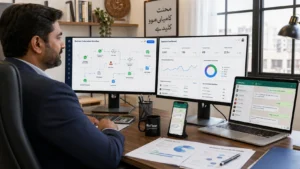 Pakistani business professional managing AI agent development services and workflow automation systems on multiple computer screens in modern office