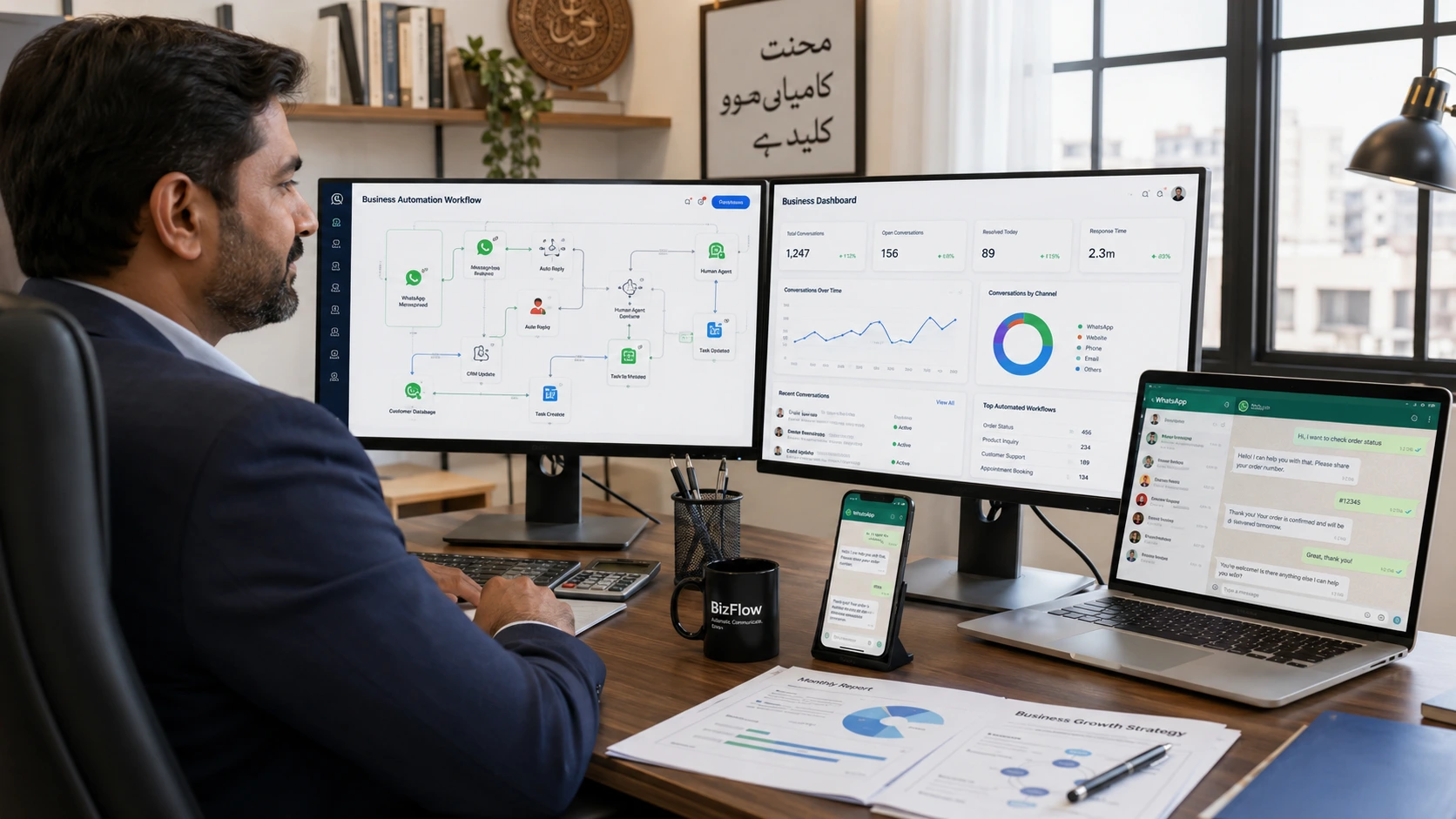 Pakistani business professional managing AI agent development services and workflow automation systems on multiple computer screens in modern office