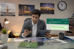 Pakistani real estate agent using AI agents for real estate in Pakistan, managing WhatsApp Business automation on smartphone while reviewing property listings on laptop in modern Lahore office