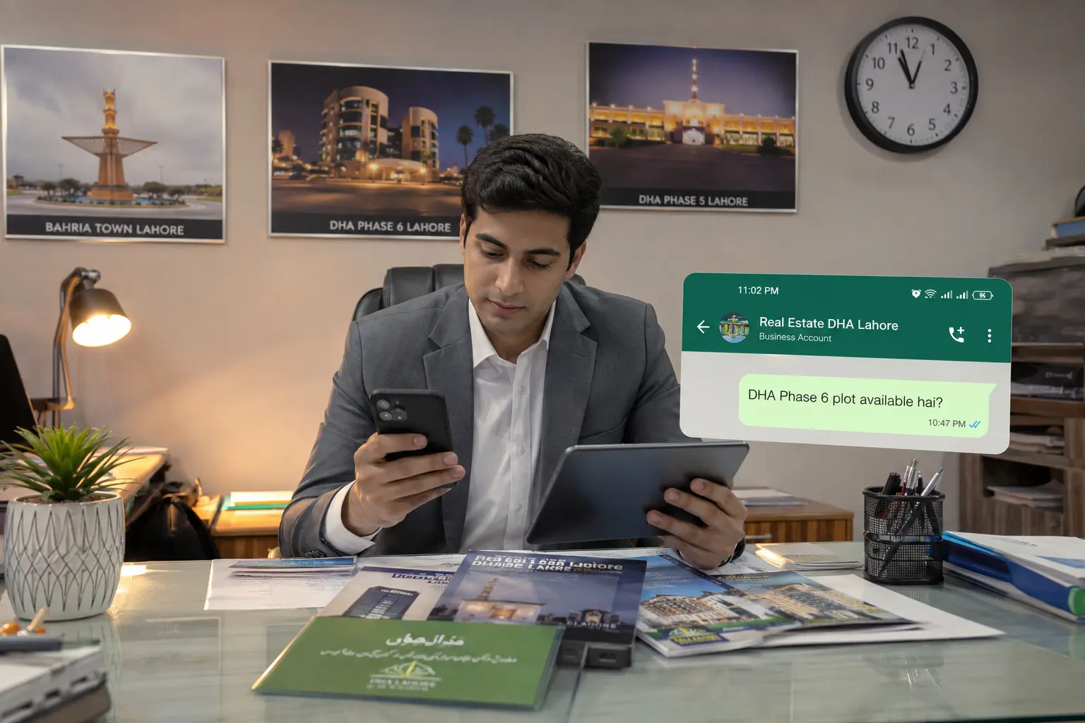 Pakistani real estate agent using AI agents for real estate in Pakistan, managing WhatsApp Business automation on smartphone while reviewing property listings on laptop in modern Lahore office