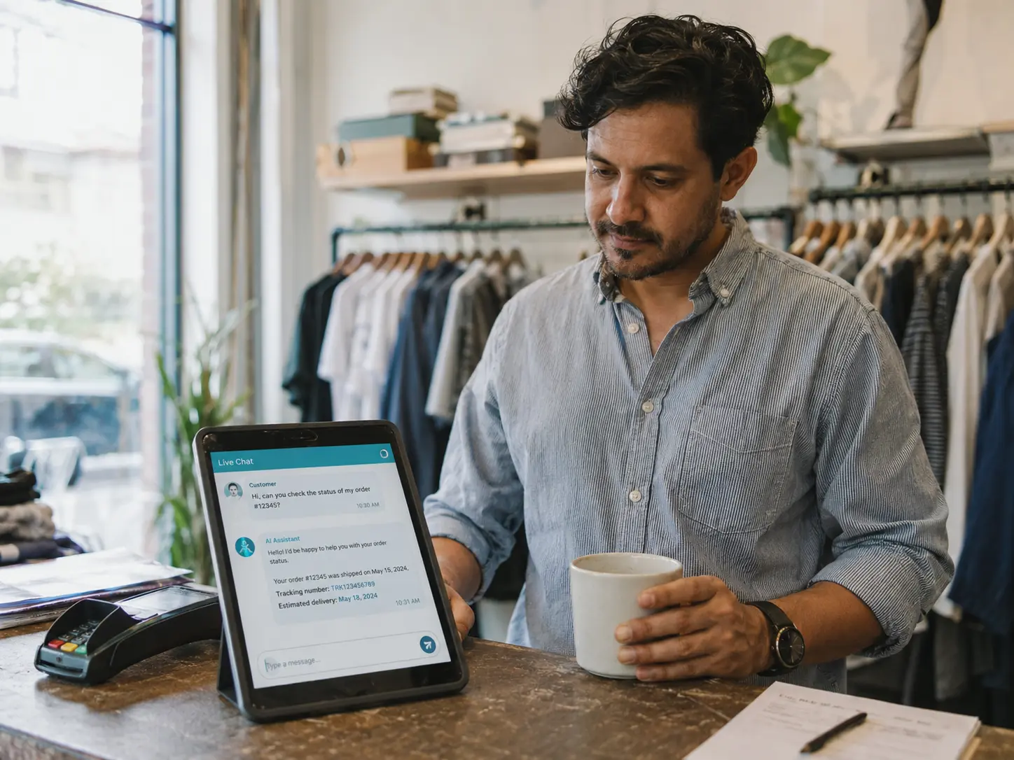 Small ecommerce store owner checking live AI chatbot conversation answering a customer order status question