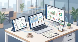 "API integration services connecting business systems - illustration showing laptops and devices with CRM, ecommerce, and accounting software connected by data flow lines"