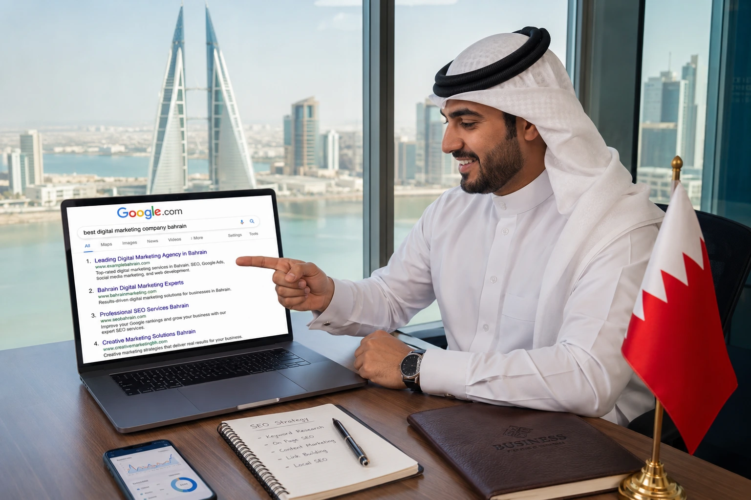 Bahrain businessman celebrating first page Google rankings for local SEO services in Manama office