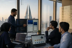 Software development team collaborating on fintech application in modern Bahrain office with Manama skyline view