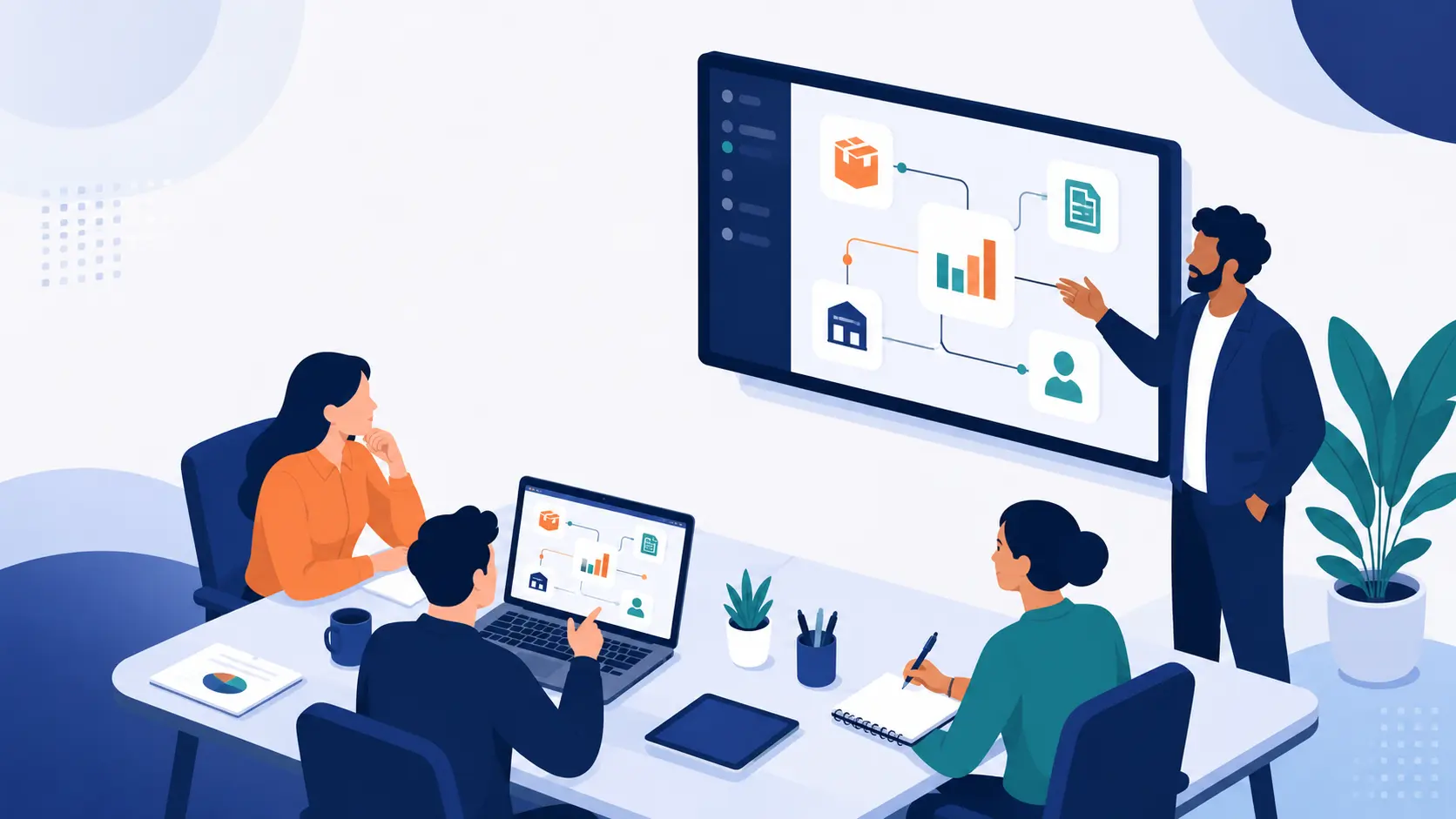 Small business team using an integrated ERP dashboard to manage inventory, finance, and operations in one system