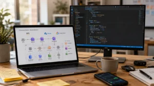 Cloud application development services workspace showing laptop with AWS Azure GCP architecture diagram and code editor for DevOps automation and cloud migration projects
