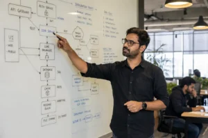 Software architect explaining complex system architecture and API integration diagram on whiteboard during project discovery session