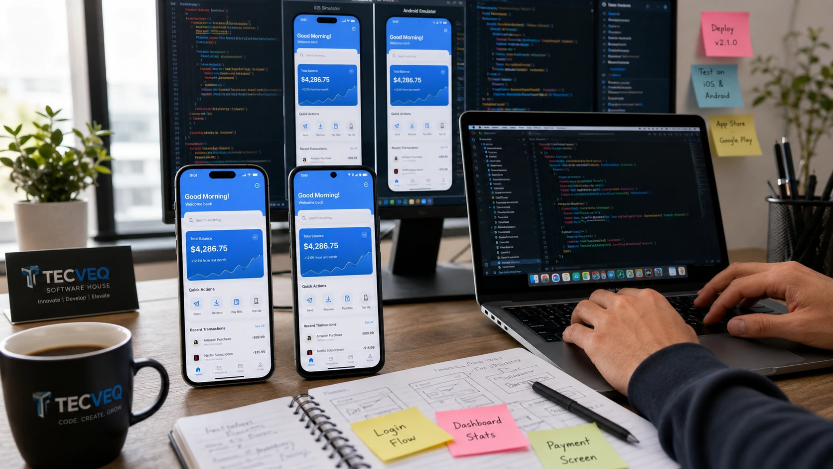 Professional developer building cross-platform mobile apps for iOS and Android using single codebase development process
