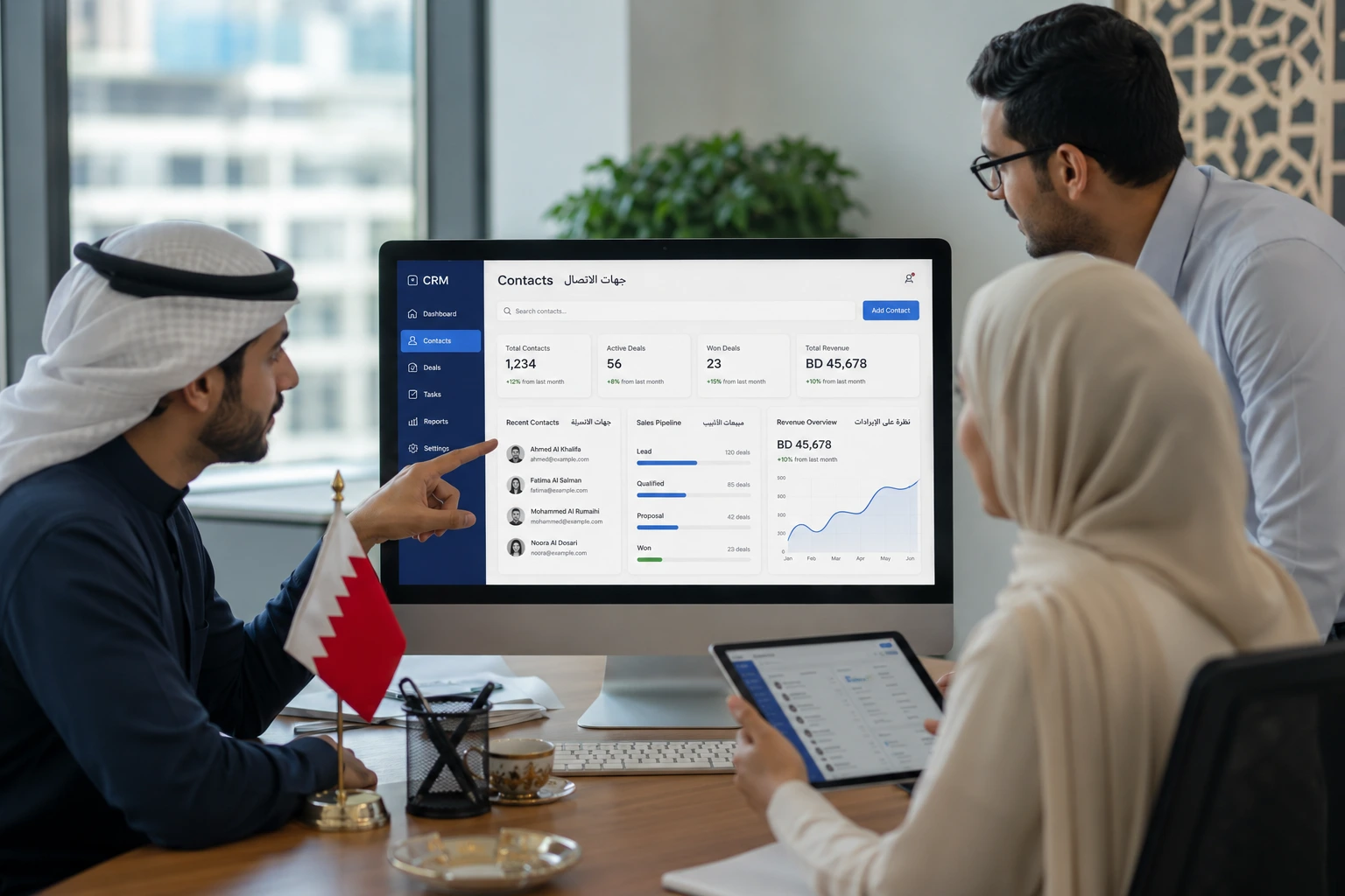 "Bahrain business team reviewing custom crm development bahrain dashboard with Arabic and English interface on computer screen"