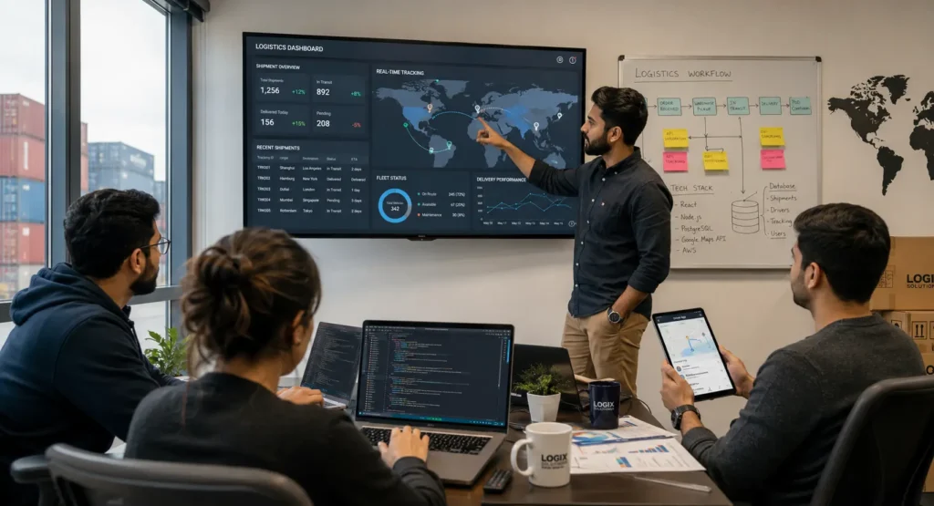 Software development team building custom logistics platform with real-time tracking dashboard and mobile apps for logistics companies