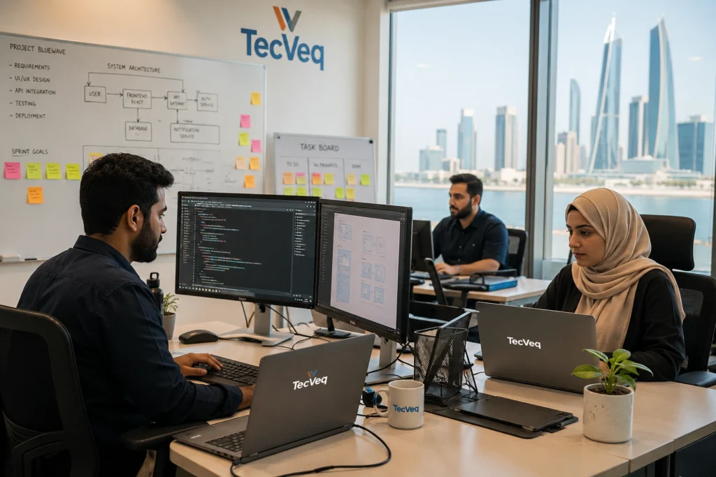"Custom software development team working in modern Bahrain office at TecVeq, showing developers coding business applications on multiple monitors"