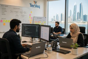 "Custom software development team working in modern Bahrain office at TecVeq, showing developers coding business applications on multiple monitors"