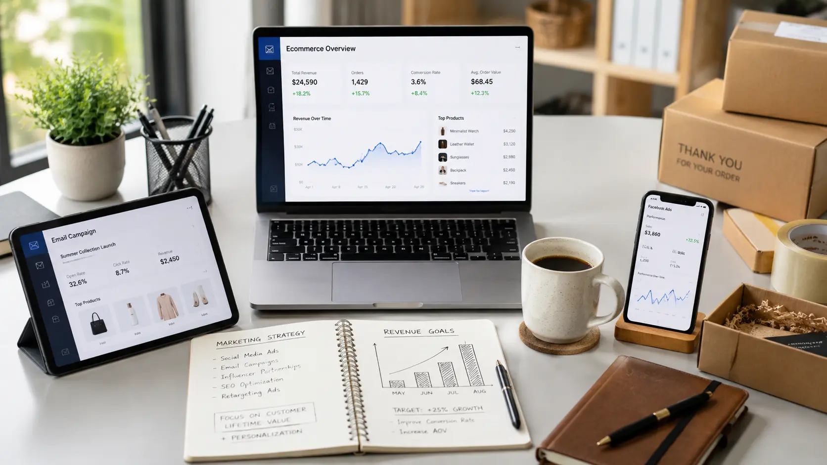 Professional ecommerce marketing workspace showing laptop with online store dashboard, mobile devices displaying social media ads, and marketing strategy notes for Shopify and WooCommerce businesses