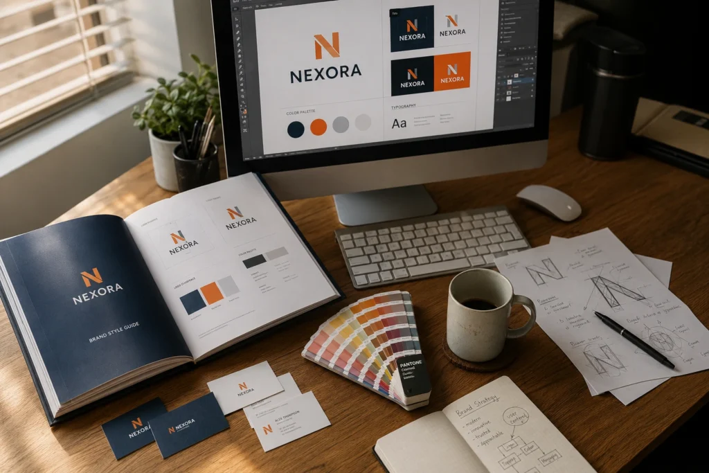 Professional agency for graphic design workspace showing brand identity design process with logo concepts color palettes and style guide for business branding