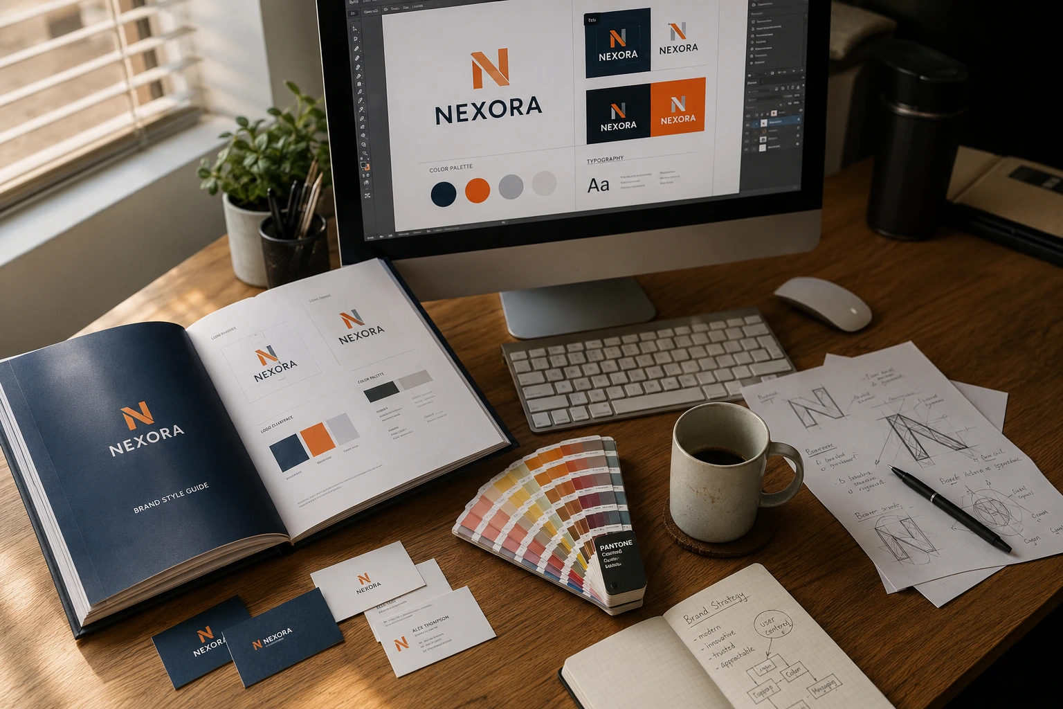 Professional agency for graphic design workspace showing brand identity design process with logo concepts color palettes and style guide for business branding