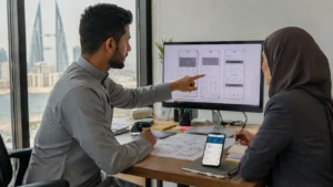 Bahrain business team reviewing mobile app wireframes during an app development planning session in Manama