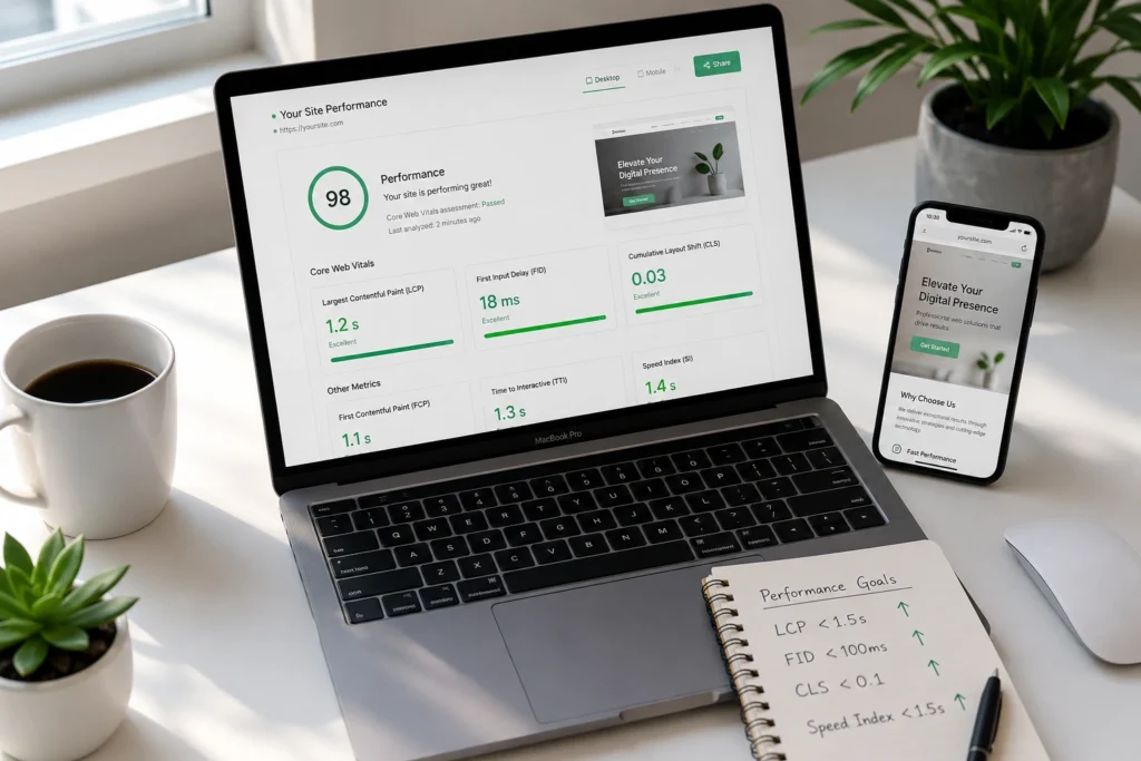 MacBook displaying Next.js website performance dashboard with 90+ Core Web Vitals scores and mobile responsive design preview on smartphone