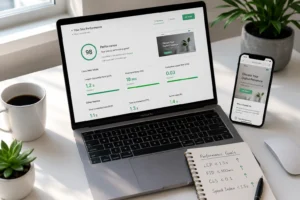 MacBook displaying Next.js website performance dashboard with 90+ Core Web Vitals scores and mobile responsive design preview on smartphone