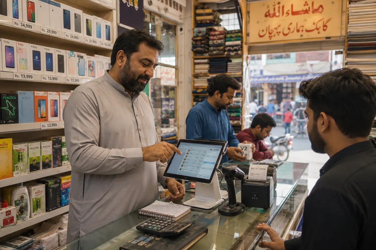 Pakistani shop owner using digital POS system for retail management in modern local store