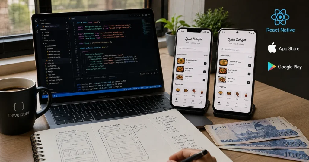 React Native app development workspace showing cross-platform mobile app on iPhone and Android devices with affordable Pakistan pricing and code editor