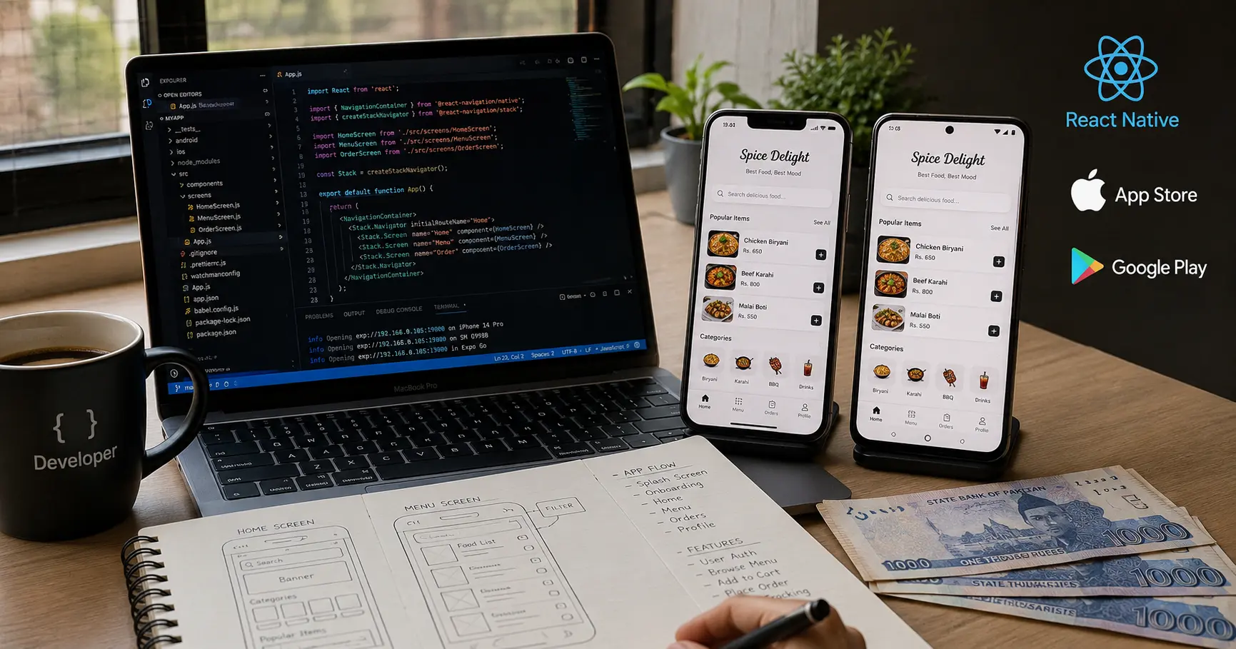 React Native app development workspace showing cross-platform mobile app on iPhone and Android devices with affordable Pakistan pricing and code editor