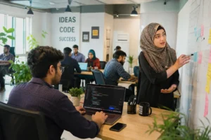 University students working on software development projects during internship at Tecveq software house in Sahiwal