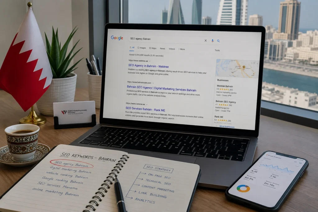 Professional workspace in Bahrain showing laptop with Google search results for SEO agency services and analytics dashboard