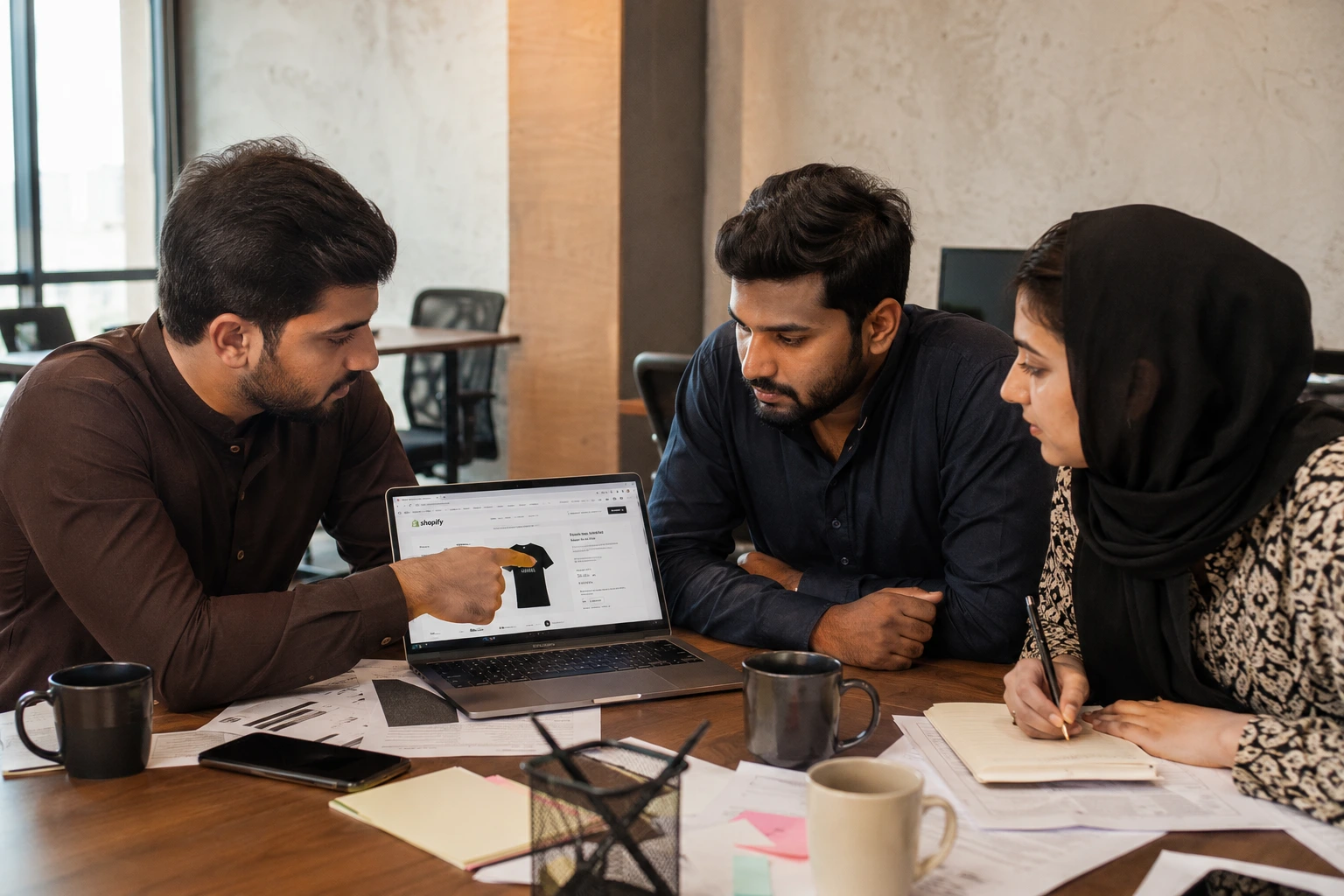 Shopify development team in Pakistan reviewing a custom Shopify store build on a laptop