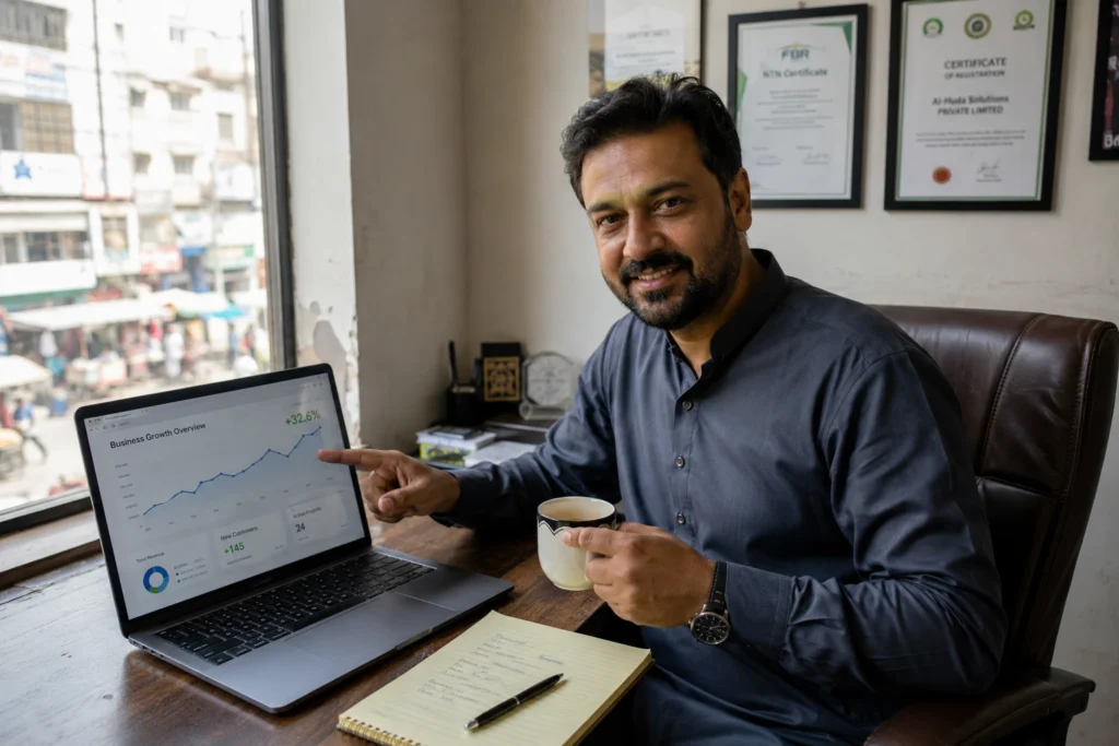 Small business owner reviewing digital marketing results and growth charts on laptop with satisfied expression at desk