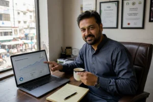 Small business owner reviewing digital marketing results and growth charts on laptop with satisfied expression at desk
