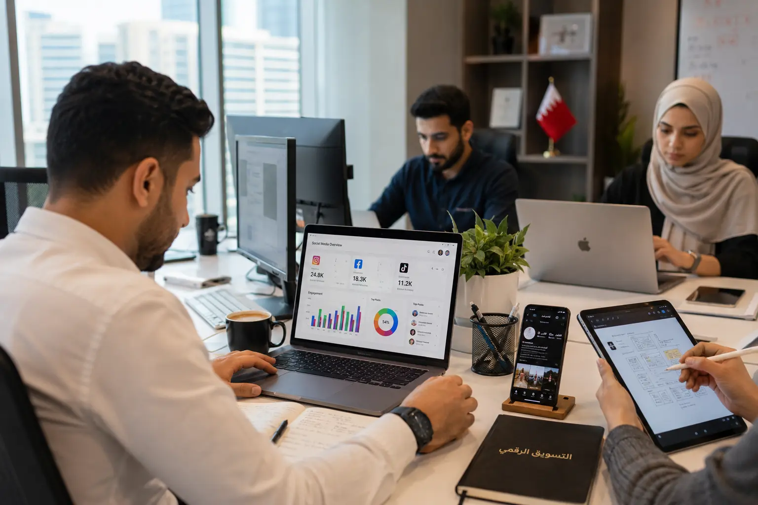 Professional social media marketing team analyzing Instagram and Facebook analytics dashboards in a modern Bahrain digital agency office