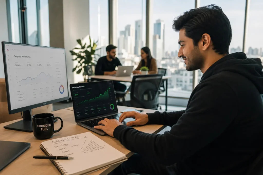 Startup founder analyzing growth marketing analytics and ROI metrics on laptop dashboard to scale customer acquisition and reach next funding milestone