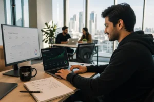 Startup founder analyzing growth marketing analytics and ROI metrics on laptop dashboard to scale customer acquisition and reach next funding milestone