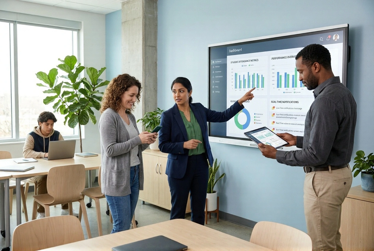 Teachers, administrators, and parents using TECVEQ LMS dashboard for real-time student attendance tracking, assignments, and performance monitoring in modern classroom setting"