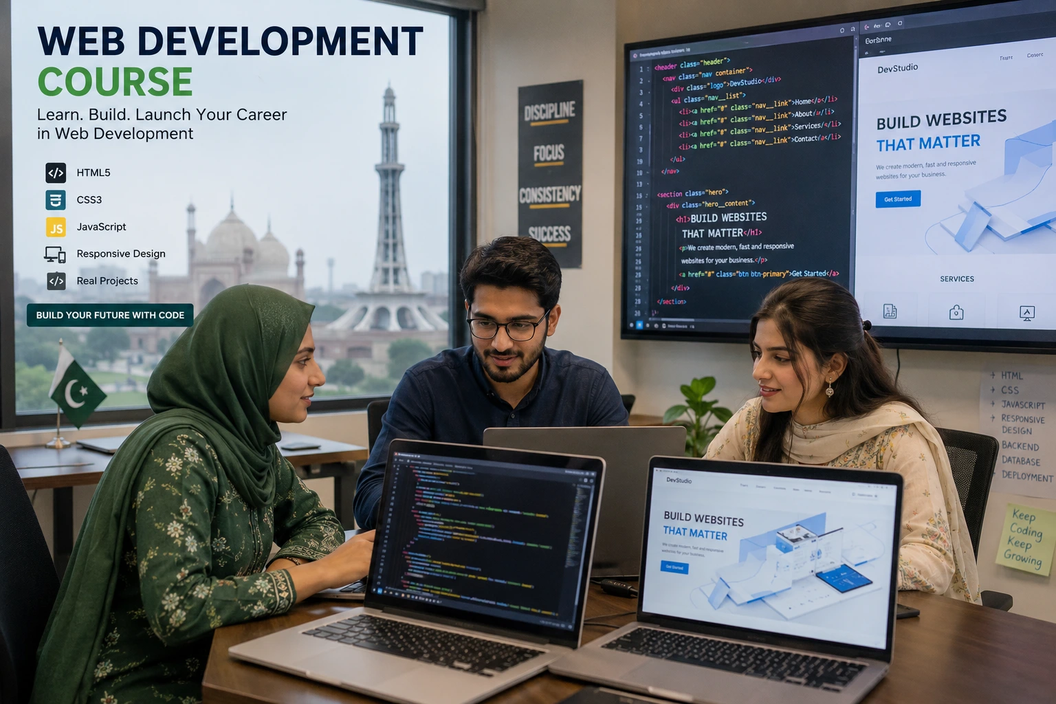 Students learning web development in Pakistan classroom setting with laptops showing HTML CSS JavaScript code and modern website interfaces during hands-on coding session
