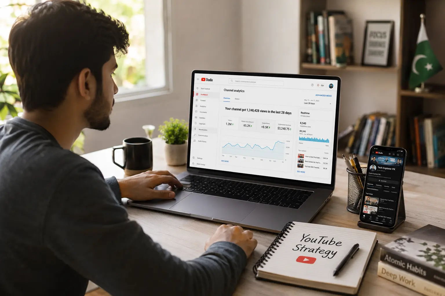 "Student learning YouTube monetization and earning strategies during online course in Sahiwal Pakistan"