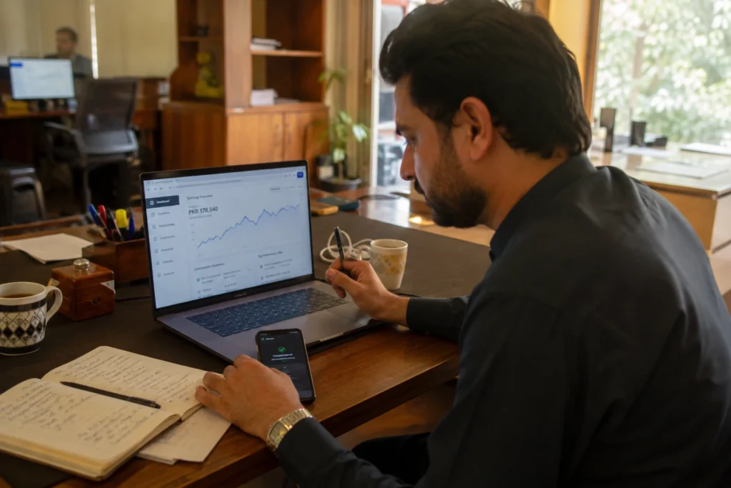 Pakistani business owner reviewing affiliate marketing program dashboard and commission reports on laptop in a local office in Pakistan