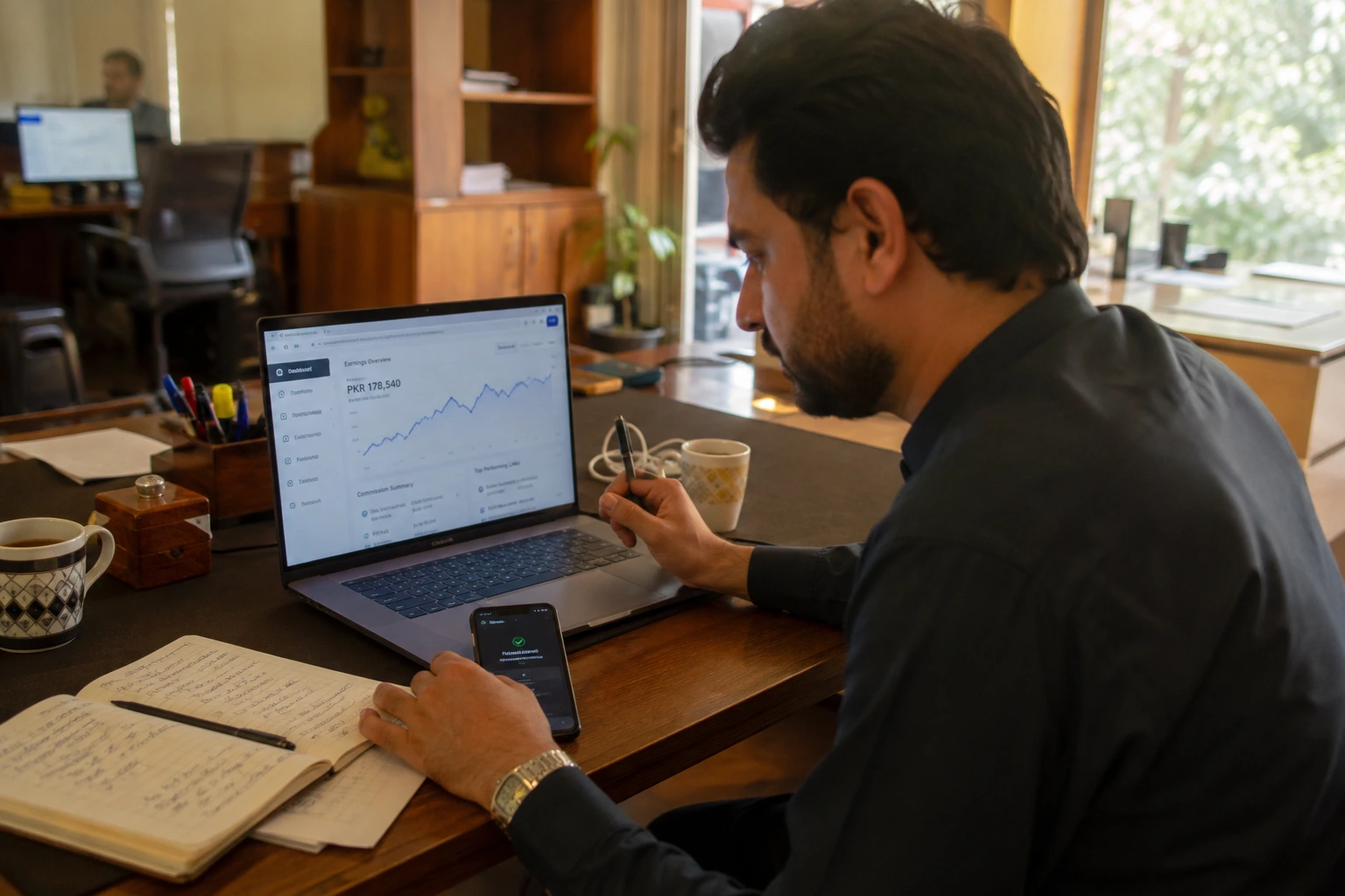 Pakistani business owner reviewing affiliate marketing program dashboard and commission reports on laptop in a local office in Pakistan