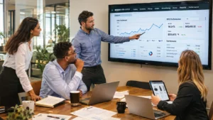 Amazon marketing agency team analyzing PPC campaign performance and ACOS metrics on dashboard monitor