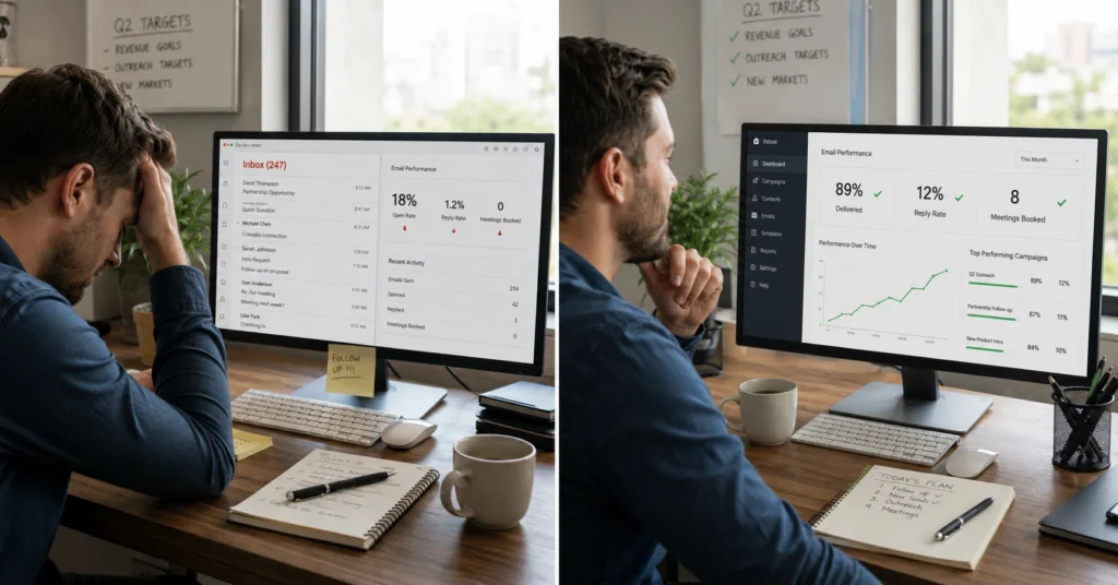 "B2B email marketing agency results comparison showing frustrated sales person with low email performance versus successful email campaign metrics and meeting bookings"
