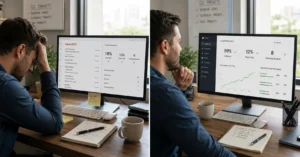 "B2B email marketing agency results comparison showing frustrated sales person with low email performance versus successful email campaign metrics and meeting bookings"