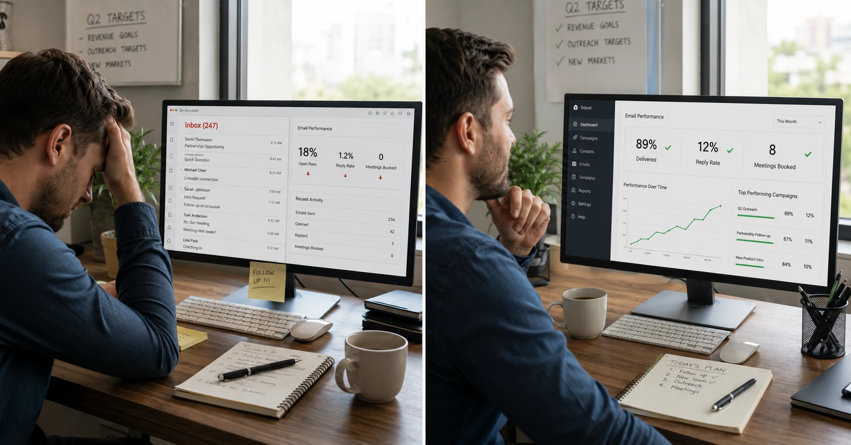 "B2B email marketing agency results comparison showing frustrated sales person with low email performance versus successful email campaign metrics and meeting bookings"