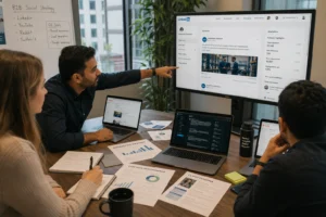 "B2B social media marketing agency team developing LinkedIn strategy and multi-platform campaigns for business clients in modern office setting"