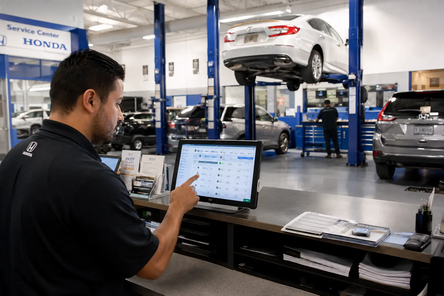 "Auto repair shop service advisor using best management software dashboard 2026 with modern garage bays and technicians working in background"