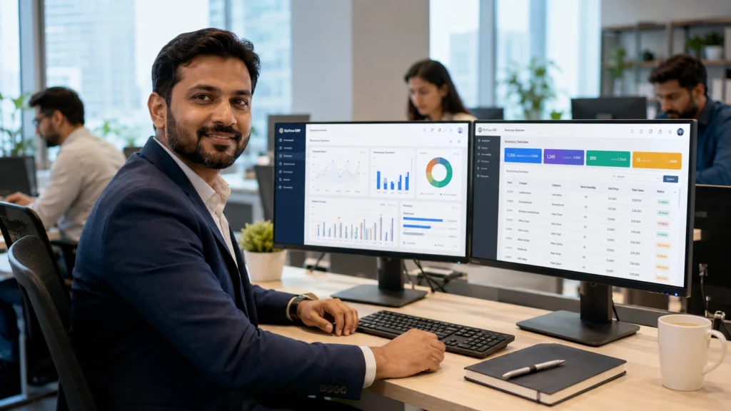 Business owner reviewing custom ERP software dashboard after outgrowing QuickBooks, showing financial and inventory management on dual monitors