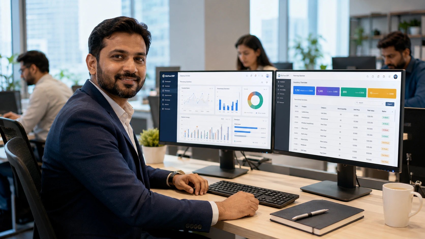 Business owner reviewing custom ERP software dashboard after outgrowing QuickBooks, showing financial and inventory management on dual monitors